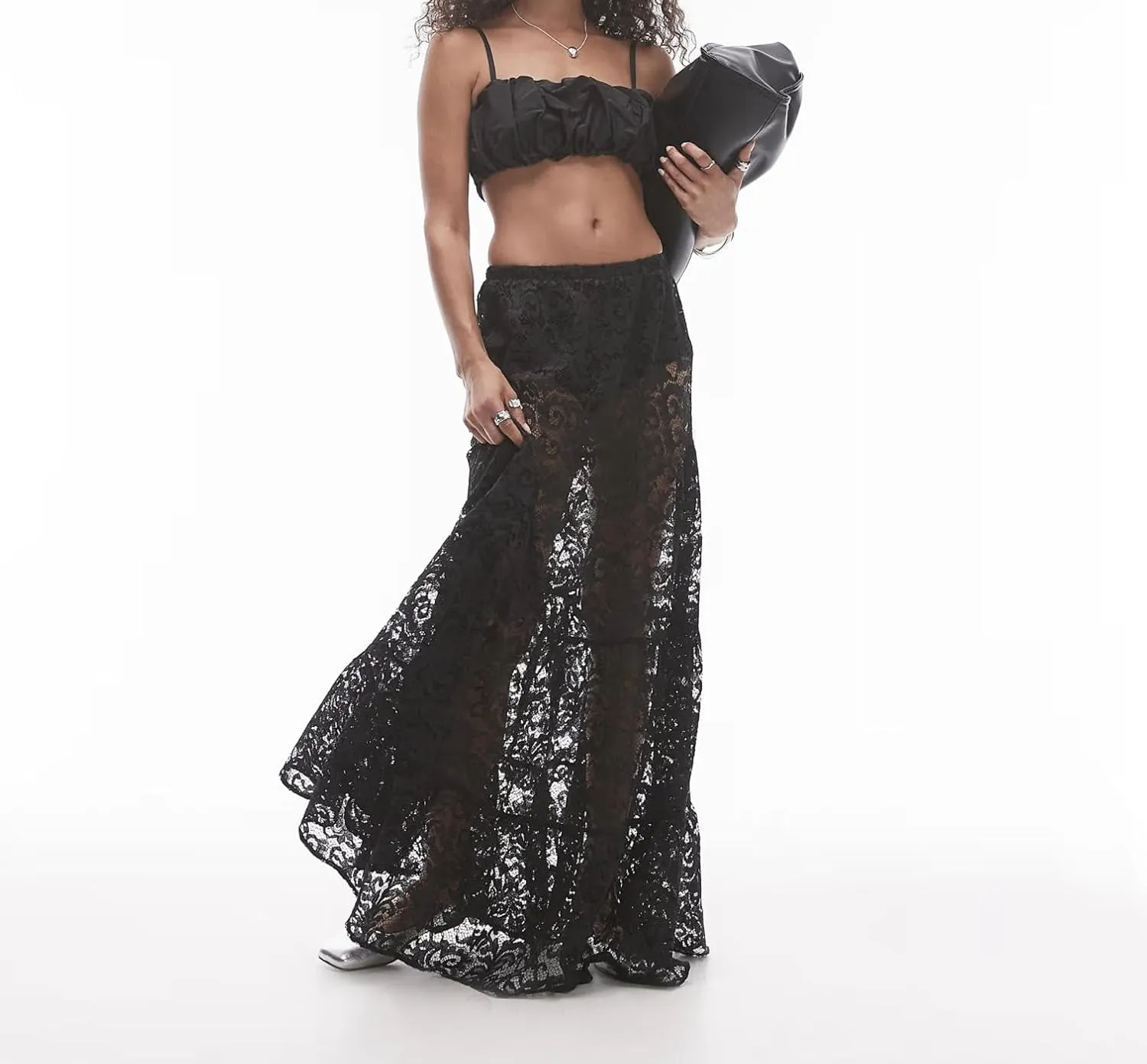 Women Sexy See Through Floral Lace Long Skirt Summer Y2k Solid Elastic Waist Sheer Mesh Lace Flowy Maxi Skirt