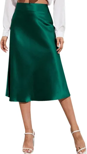 Women Silk Satin Skirts High Waisted Skirt A-Line Elegant Summer Solid Midi Skirt