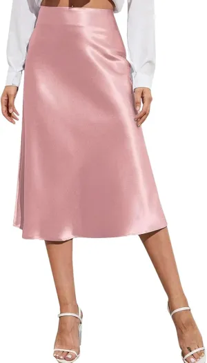 Women Silk Satin Skirts High Waisted Skirt A-Line Elegant Summer Solid Midi Skirt