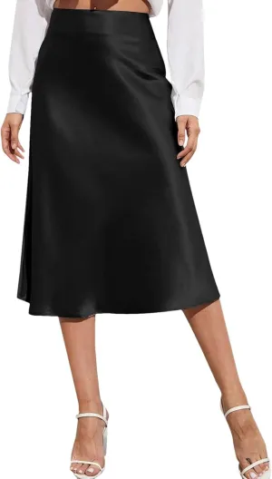 Women Silk Satin Skirts High Waisted Skirt A-Line Elegant Summer Solid Midi Skirt