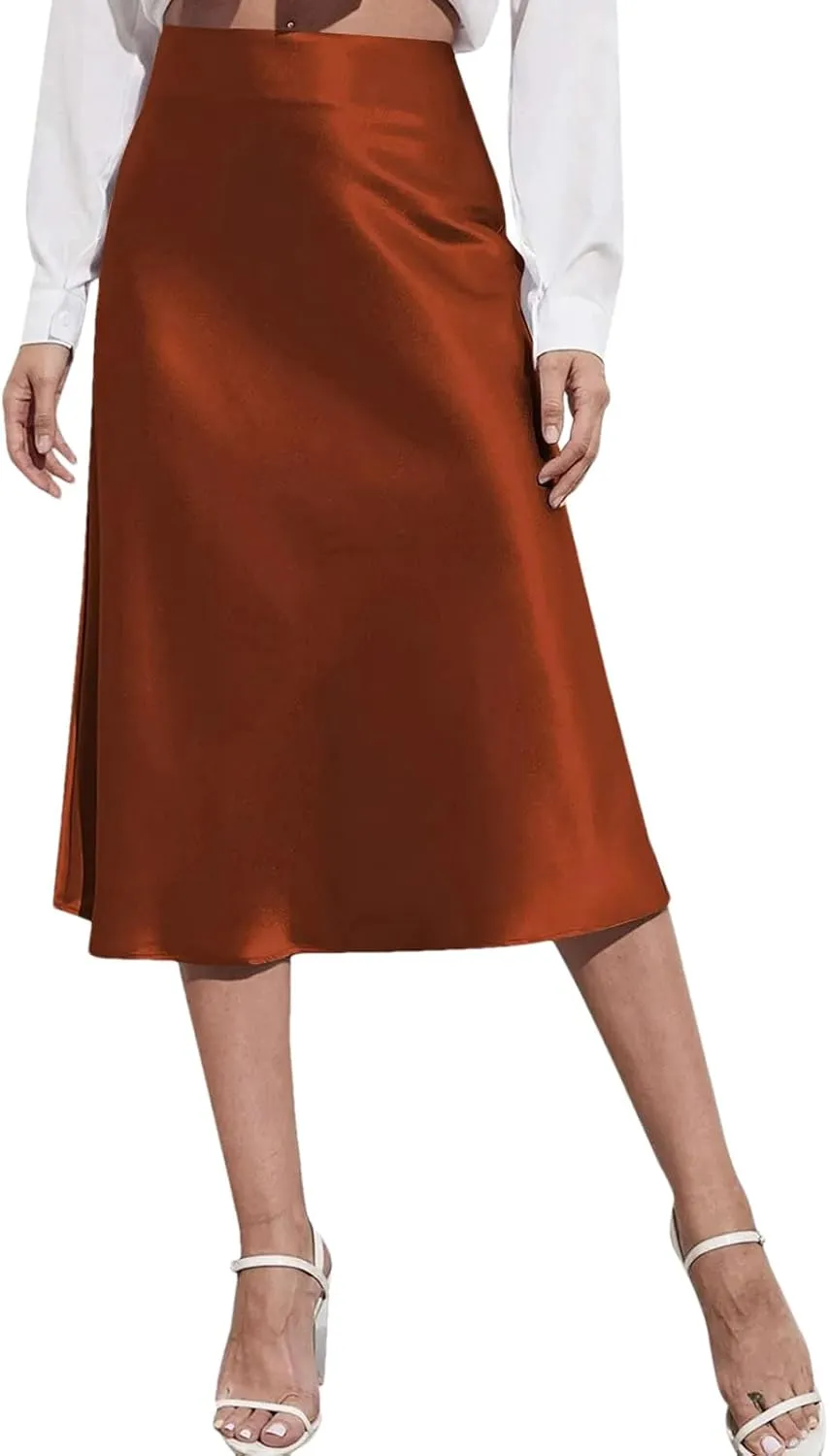 Women Silk Satin Skirts High Waisted Skirt A-Line Elegant Summer Solid Midi Skirt
