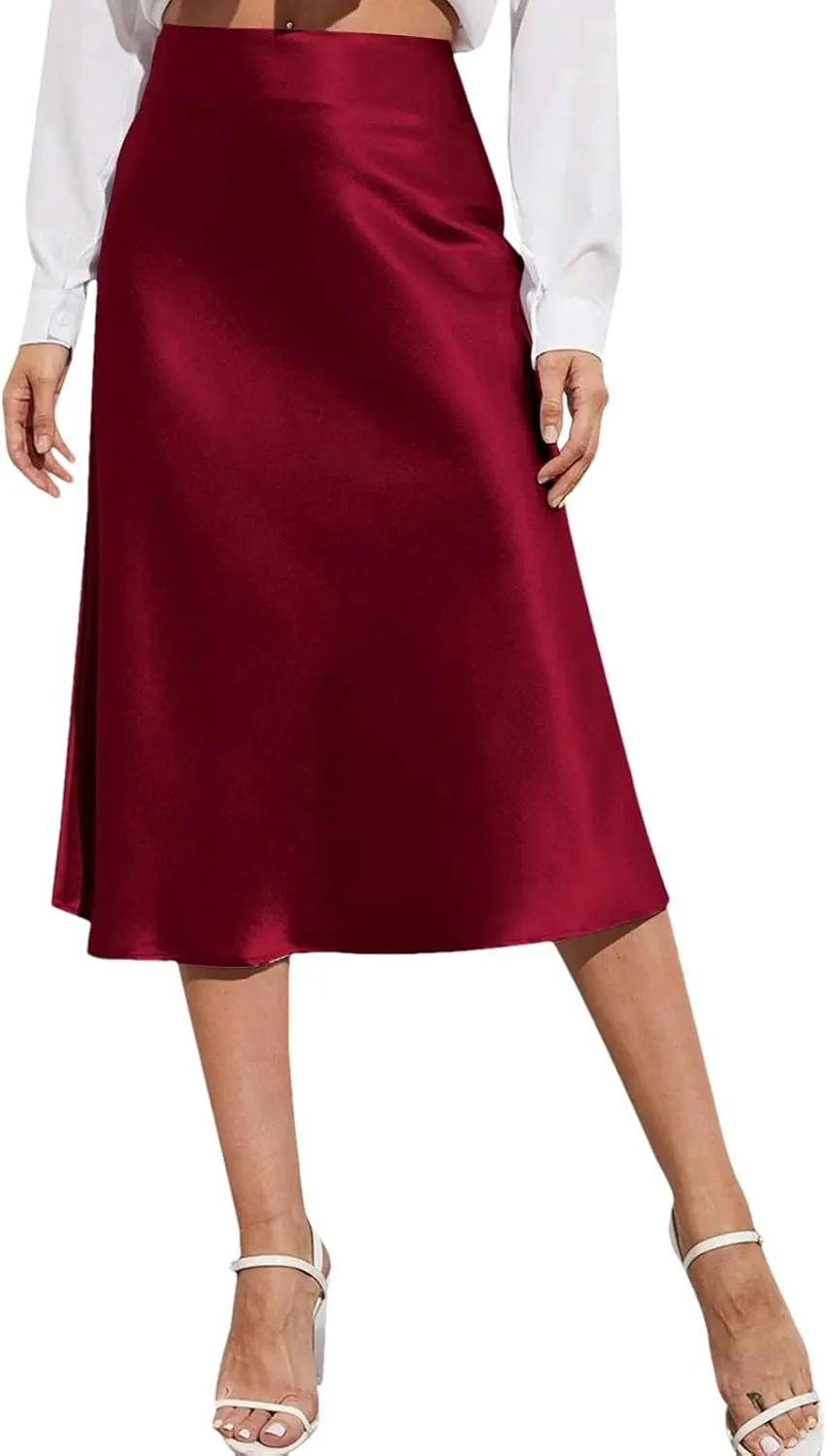 Women Silk Satin Skirts High Waisted Skirt A-Line Elegant Summer Solid Midi Skirt