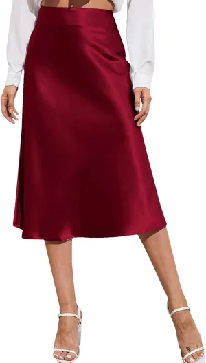Women Silk Satin Skirts High Waisted Skirt A-Line Elegant Summer Solid Midi Skirt