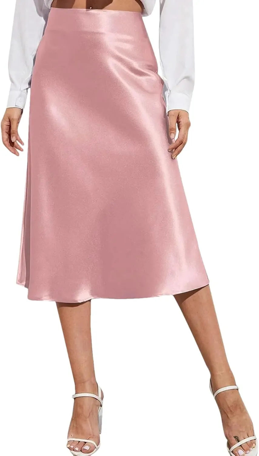 Women Silk Satin Skirts High Waisted Skirt A-Line Elegant Summer Solid Midi Skirt