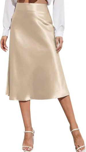 Women Silk Satin Skirts High Waisted Skirt A-Line Elegant Summer Solid Midi Skirt