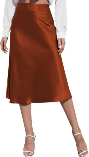 Women Silk Satin Skirts High Waisted Skirt A-Line Elegant Summer Solid Midi Skirt
