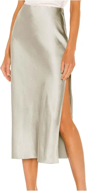 Women Slit Side Satin Midi Skirt Elegant High Waist Dressy Pencil Skirts Summer Lightweight Casual Dressy Work Skirt