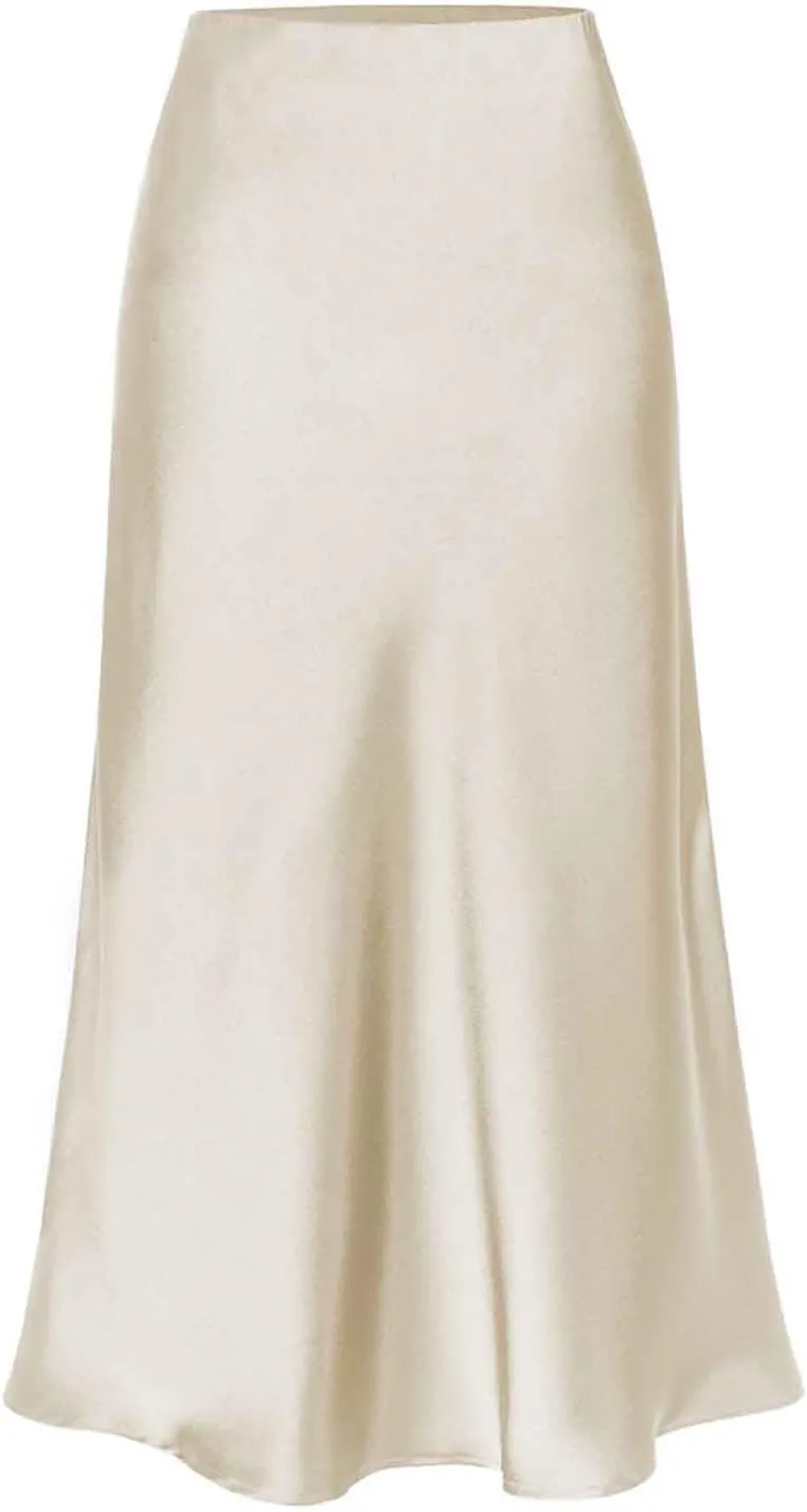 Women Slit Side Satin Midi Skirt Elegant High Waist Dressy Pencil Skirts Summer Lightweight Casual Dressy Work Skirt