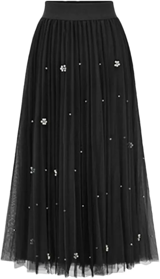 Women Solid Beading Mesh Skirt Elastic High Waist A-Line Casual Midi Long Pleated Skirts