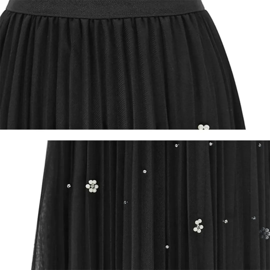 Women Solid Beading Mesh Skirt Elastic High Waist A-Line Casual Midi Long Pleated Skirts