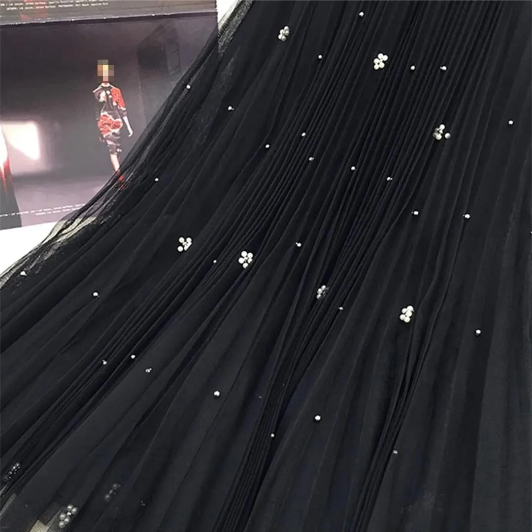 Women Solid Beading Mesh Skirt Elastic High Waist A-Line Casual Midi Long Pleated Skirts
