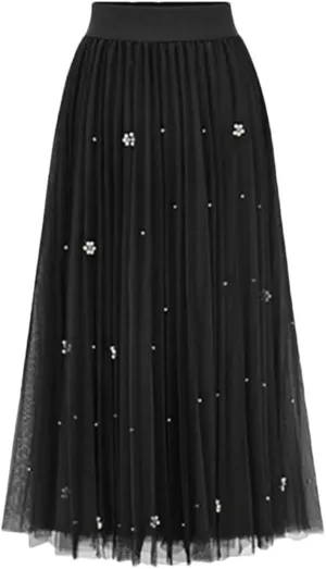 Women Solid Beading Mesh Skirt Elastic High Waist A-Line Casual Midi Long Pleated Skirts