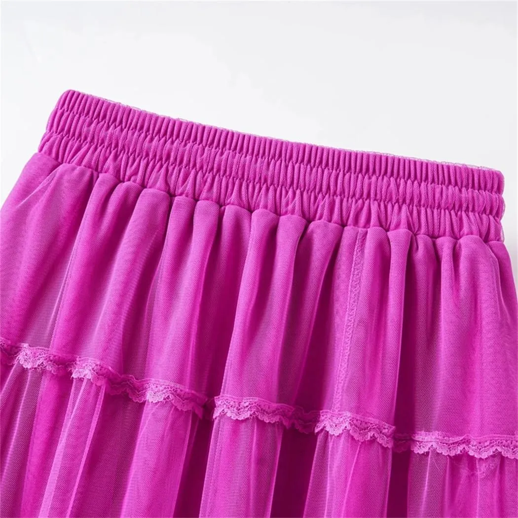 Women Spring Autumn Long Skirt Gauze High Waisted Grace Puff Skirts Patchwork Skirt Tulle Skirts