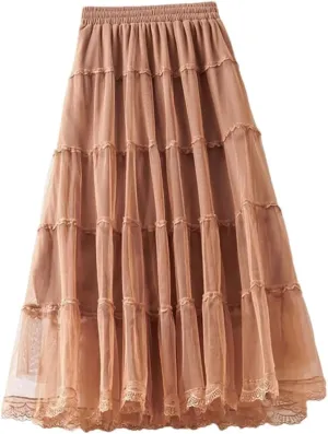 Women Spring Autumn Long Skirt Gauze High Waisted Grace Puff Skirts Patchwork Skirt Tulle Skirts