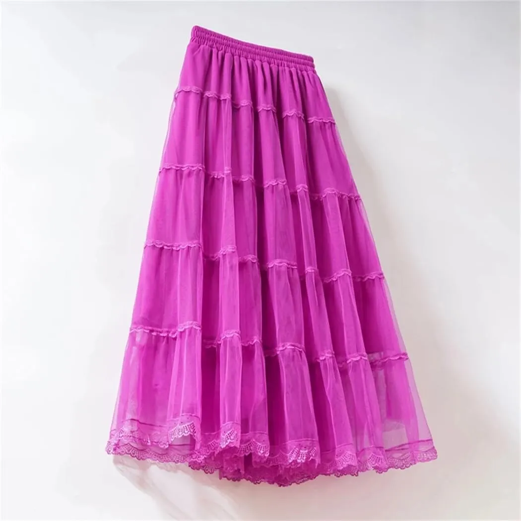 Women Spring Autumn Long Skirt Gauze High Waisted Grace Puff Skirts Patchwork Skirt Tulle Skirts