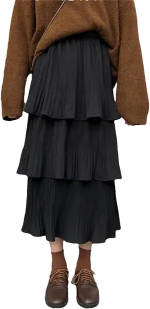 Women Spring Goth Lolita High Waisted High Low Ruched Ruffle Pleated Skirts Midi Long Skirt