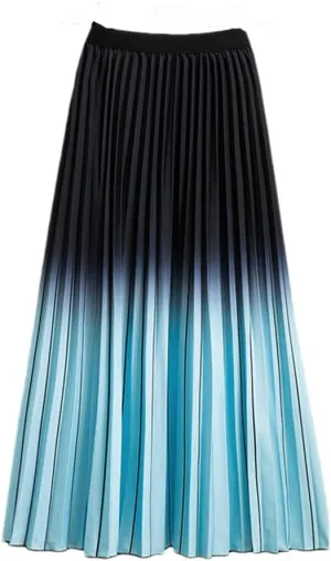 Women Summer Gradient Color Skirt High-Waisted Striped Pleated Skirts Casual Midi Long Skirts