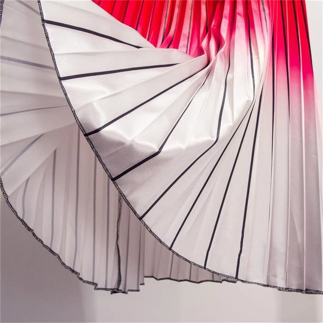 Women Summer Gradient Color Skirt High-Waisted Striped Pleated Skirts Casual Midi Long Skirts