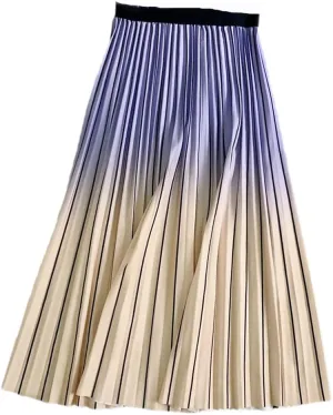 Women Summer Gradient Color Skirt High-Waisted Striped Pleated Skirts Casual Midi Long Skirts