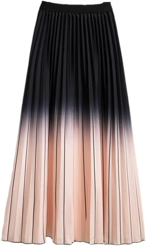 Women Summer Gradient Color Skirt High-Waisted Striped Pleated Skirts Casual Midi Long Skirts