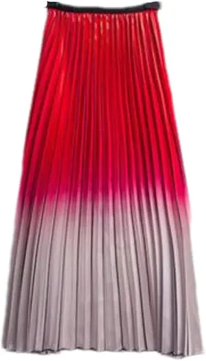 Women Summer Gradient Color Skirt High-Waisted Striped Pleated Skirts Casual Midi Long Skirts