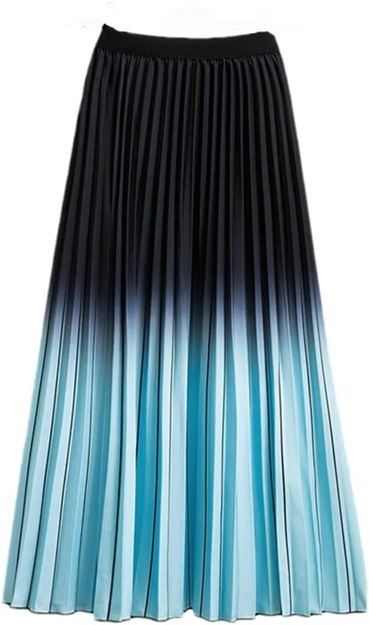 Women Summer Gradient Color Skirt High-Waisted Striped Pleated Skirts Casual Midi Long Skirts