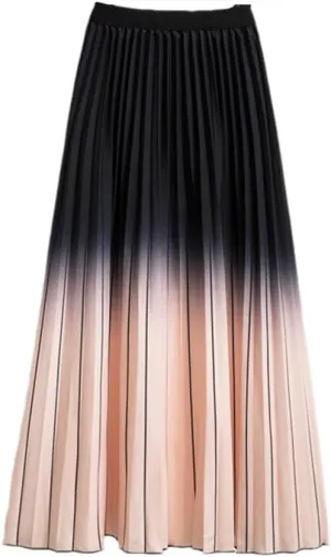 Women Summer Gradient Color Skirt High-Waisted Striped Pleated Skirts Casual Midi Long Skirts