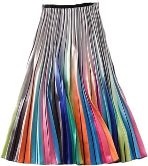 Women Summer Gradient Color Skirt High-Waisted Striped Pleated Skirts Casual Midi Long Skirts