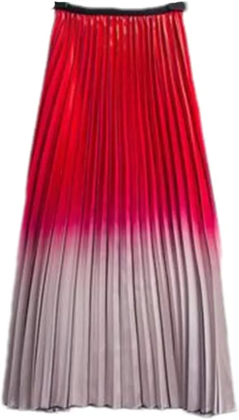 Women Summer Gradient Color Skirt High-Waisted Striped Pleated Skirts Casual Midi Long Skirts