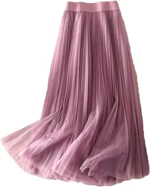 Women Summer Solid Color Pleated Mesh Skirt High Waisted Shirring Slim Casual Korean Lady Midi Skirts