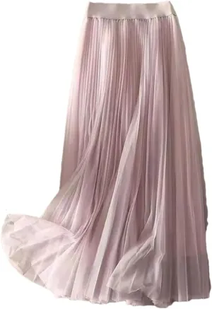 Women Summer Solid Color Pleated Mesh Skirt High Waisted Shirring Slim Casual Korean Lady Midi Skirts