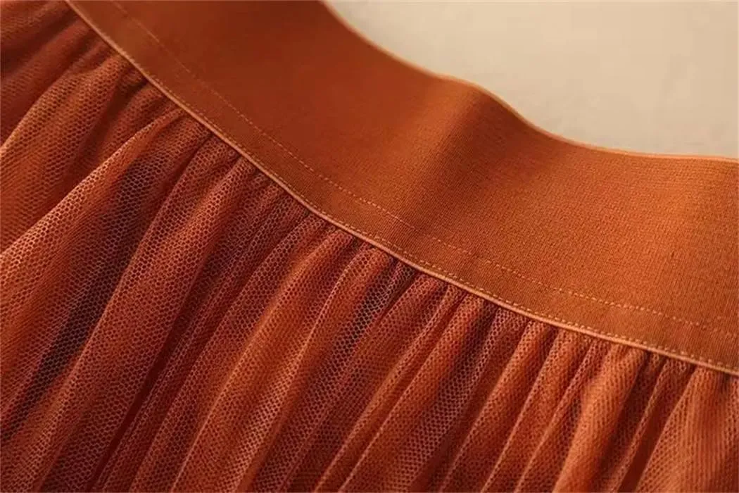Women Summer Solid Color Pleated Mesh Skirt High Waisted Shirring Slim Casual Korean Lady Midi Skirts