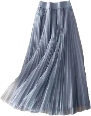 Women Summer Solid Color Pleated Mesh Skirt High Waisted Shirring Slim Casual Korean Lady Midi Skirts