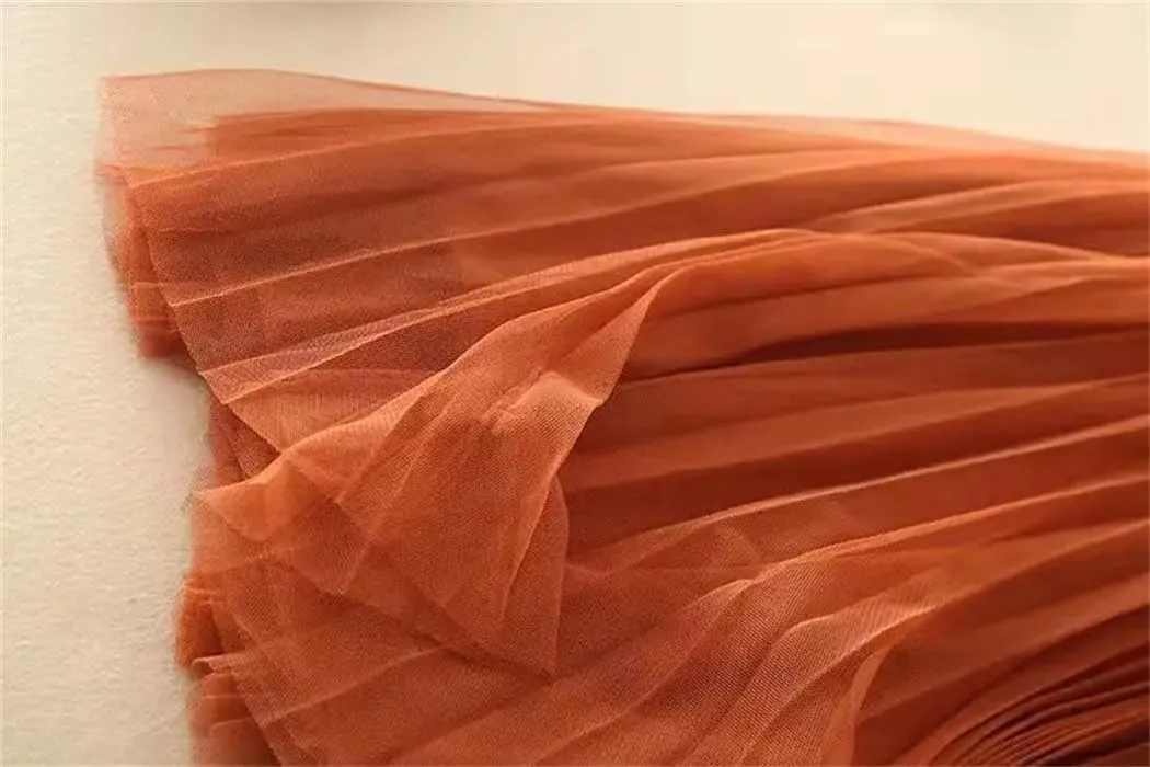 Women Summer Solid Color Pleated Mesh Skirt High Waisted Shirring Slim Casual Korean Lady Midi Skirts