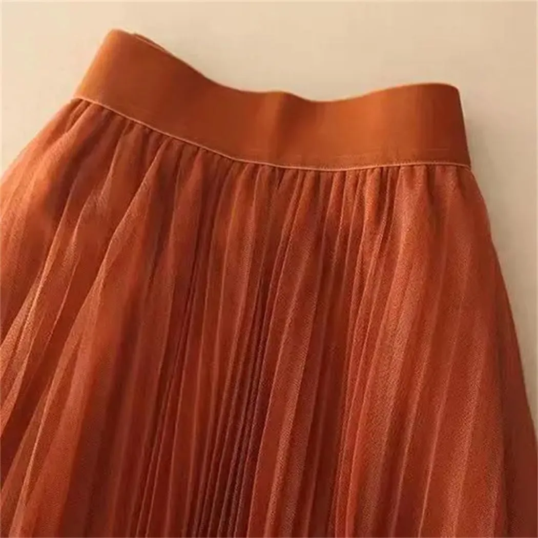 Women Summer Solid Color Pleated Mesh Skirt High Waisted Shirring Slim Casual Korean Lady Midi Skirts