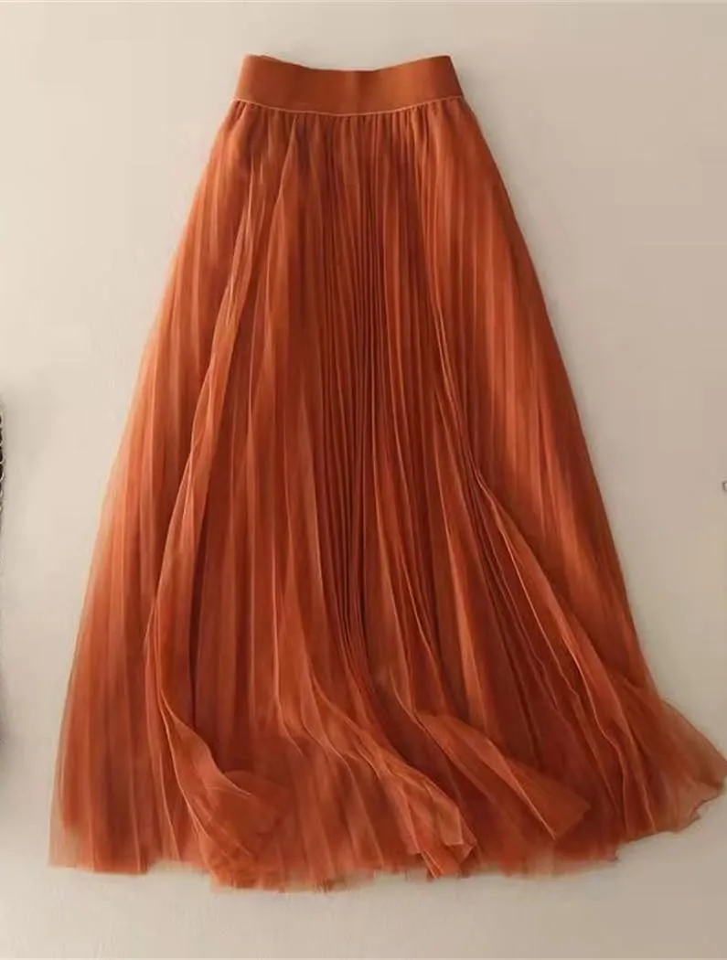 Women Summer Solid Color Pleated Mesh Skirt High Waisted Shirring Slim Casual Korean Lady Midi Skirts