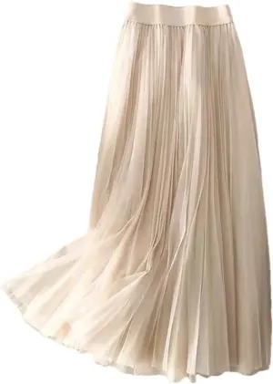 Women Summer Solid Color Pleated Mesh Skirt High Waisted Shirring Slim Casual Korean Lady Midi Skirts