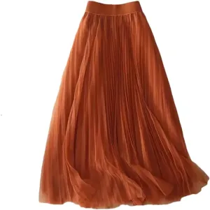 Women Summer Solid Color Pleated Mesh Skirt High Waisted Shirring Slim Casual Korean Lady Midi Skirts