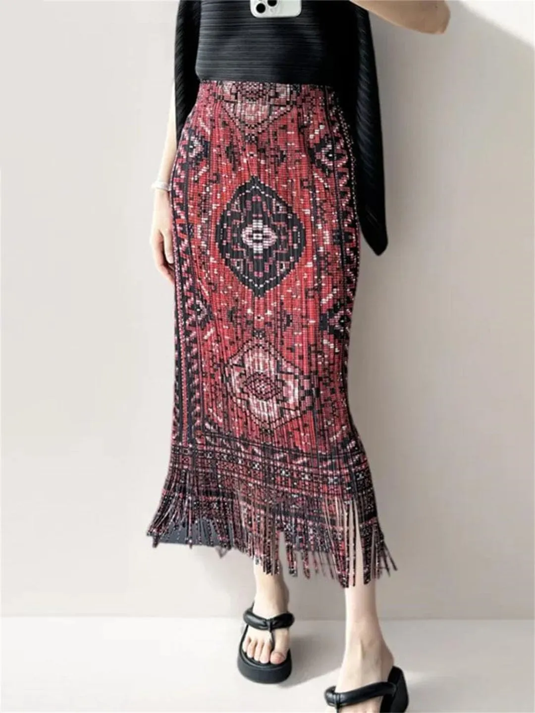 Women Tassel Midi Skirt for Elastic Waist Printing Vintage Pleated Skirts