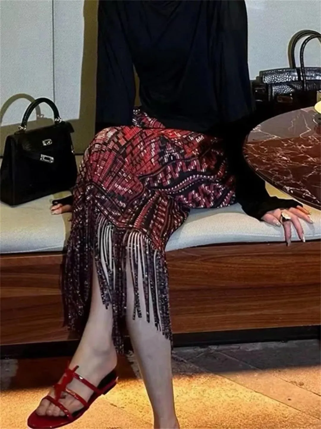 Women Tassel Midi Skirt for Elastic Waist Printing Vintage Pleated Skirts