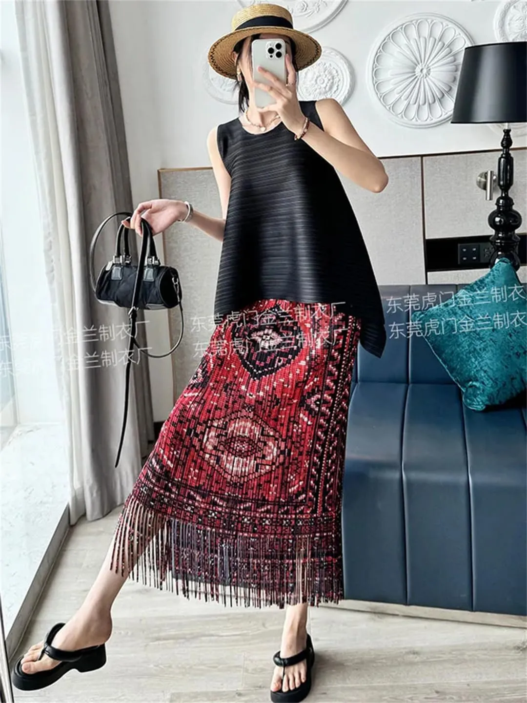 Women Tassel Midi Skirt for Elastic Waist Printing Vintage Pleated Skirts