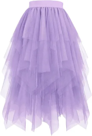 Women Tulle Skirt High Low Asymmetrical Midi Length Elastic Waist Tutu Layered Puffy Fairy Dress Costume