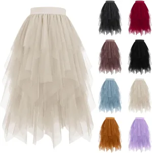 Women Tulle Skirt High Low Asymmetrical Midi Length Elastic Waist Tutu Layered Puffy Fairy Dress Costume