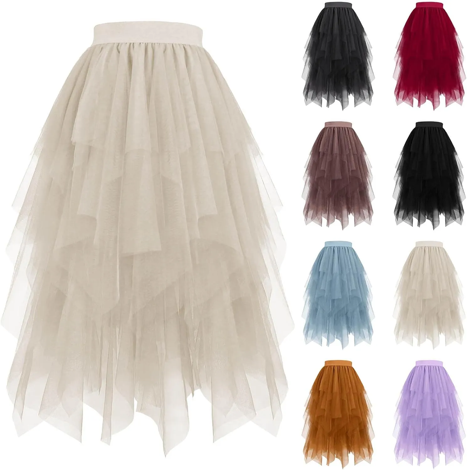 Women Tulle Skirt High Low Asymmetrical Midi Length Elastic Waist Tutu Layered Puffy Fairy Dress Costume