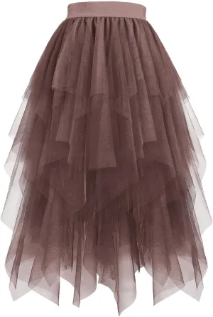 Women Tulle Skirt High Low Asymmetrical Midi Length Elastic Waist Tutu Layered Puffy Fairy Dress Costume