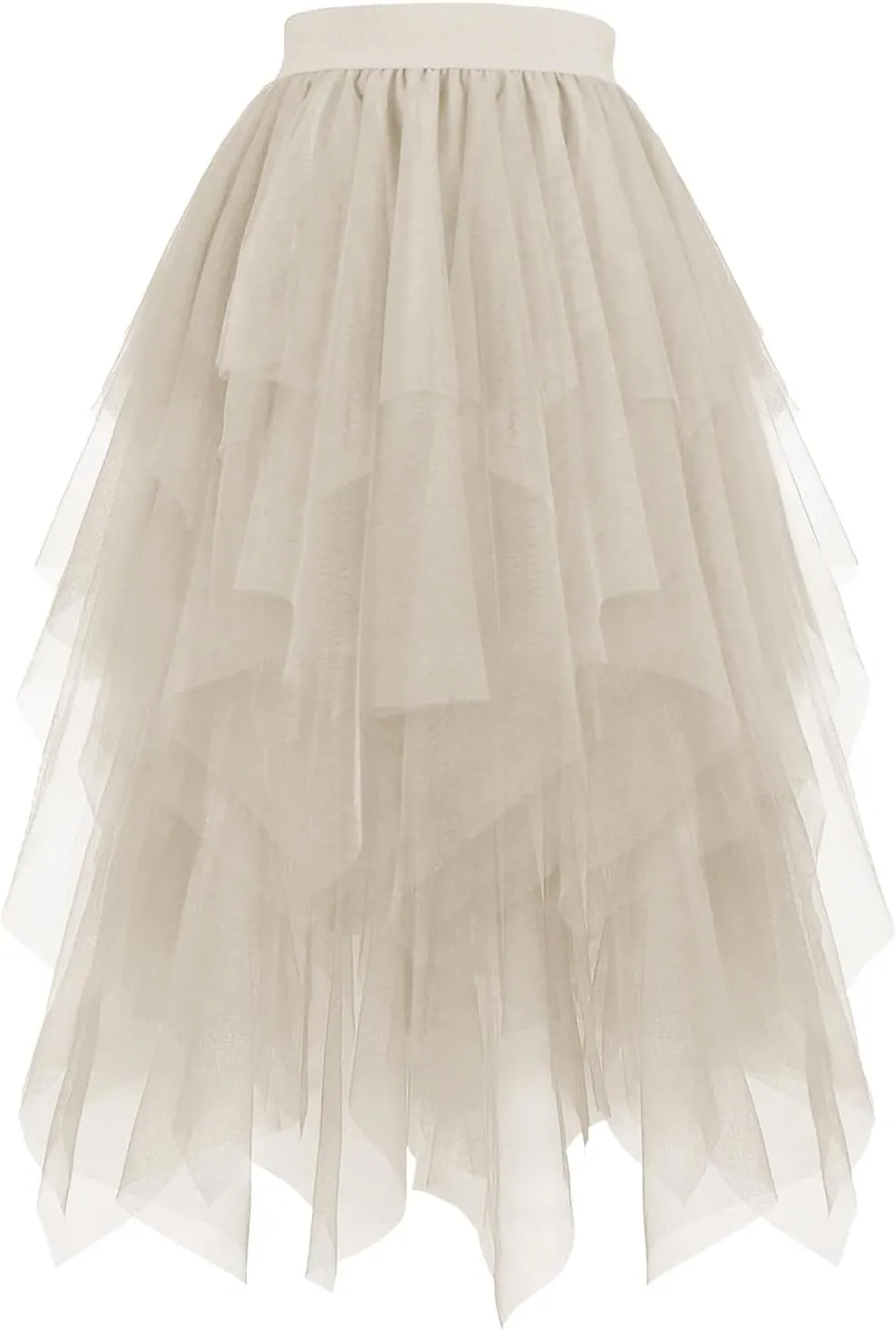 Women Tulle Skirt High Low Asymmetrical Midi Length Elastic Waist Tutu Layered Puffy Fairy Dress Costume