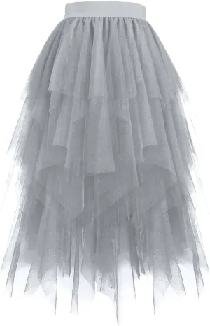 Women Tulle Skirt High Low Asymmetrical Midi Length Elastic Waist Tutu Layered Puffy Fairy Dress Costume