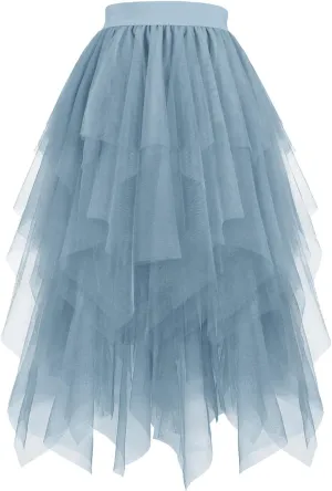 Women Tulle Skirt High Low Asymmetrical Midi Length Elastic Waist Tutu Layered Puffy Fairy Dress Costume