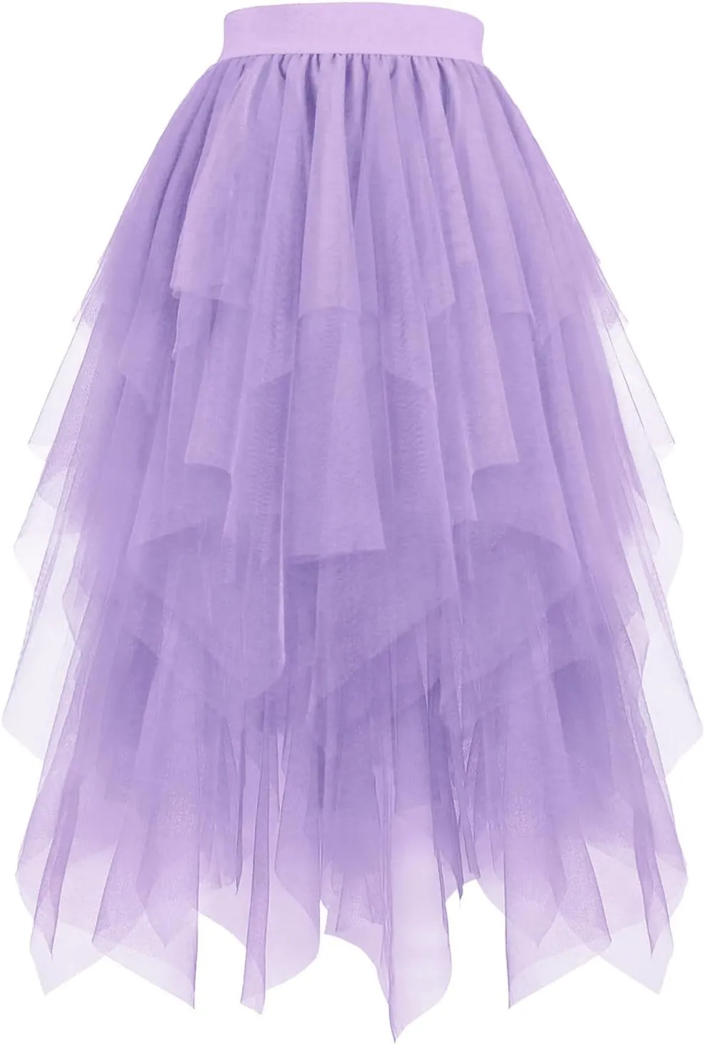 Women Tulle Skirt High Low Asymmetrical Midi Length Elastic Waist Tutu Layered Puffy Fairy Dress Costume