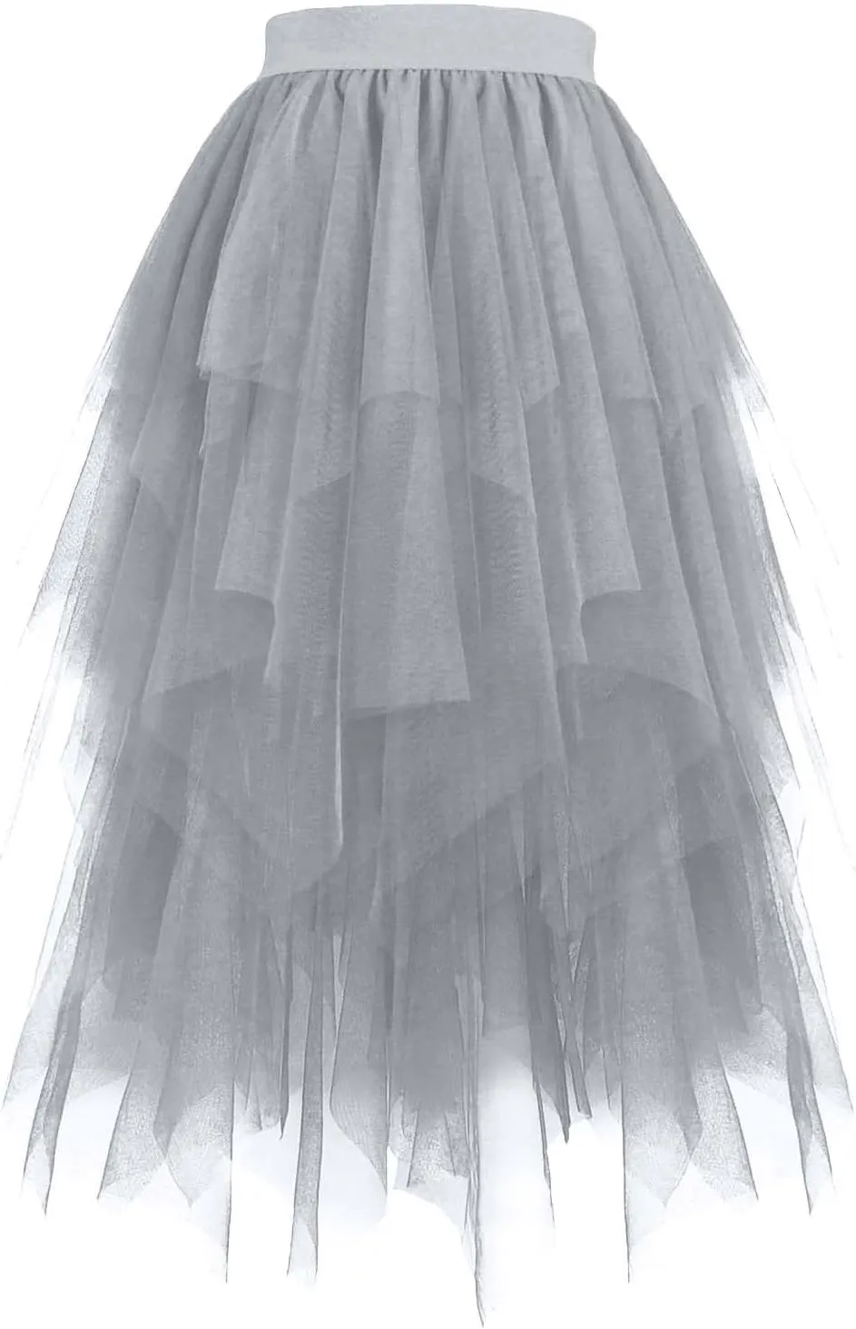 Women Tulle Skirt High Low Asymmetrical Midi Length Elastic Waist Tutu Layered Puffy Fairy Dress Costume